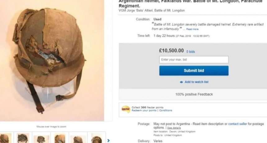 Subastan en Londres un casco que le salvó la vida a un combatiente de Malvinas; el soldado pide recuperarlo