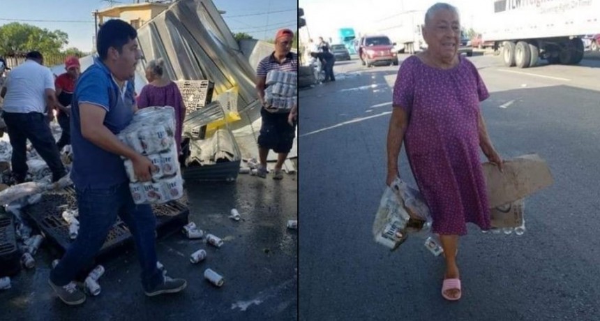 ¡Insólito! Volcó un camión de cerveza y una abuela se llevó un pack de latas