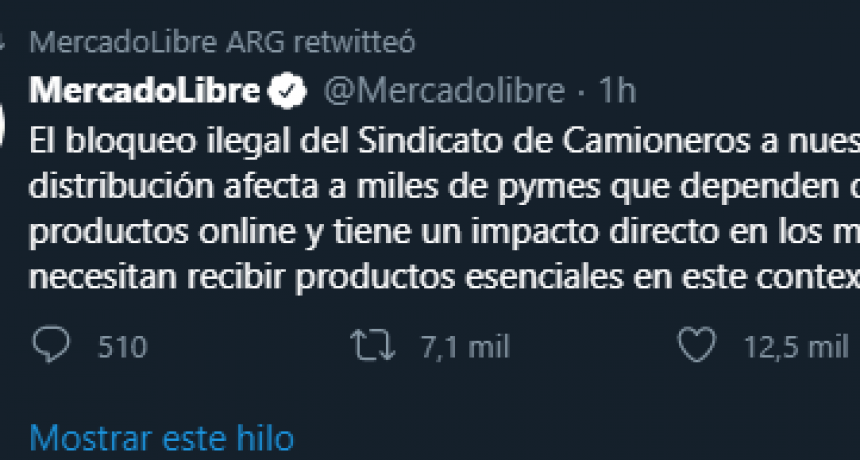Mercado Libre denuncia bloqueo de camioneros en centros de distribución