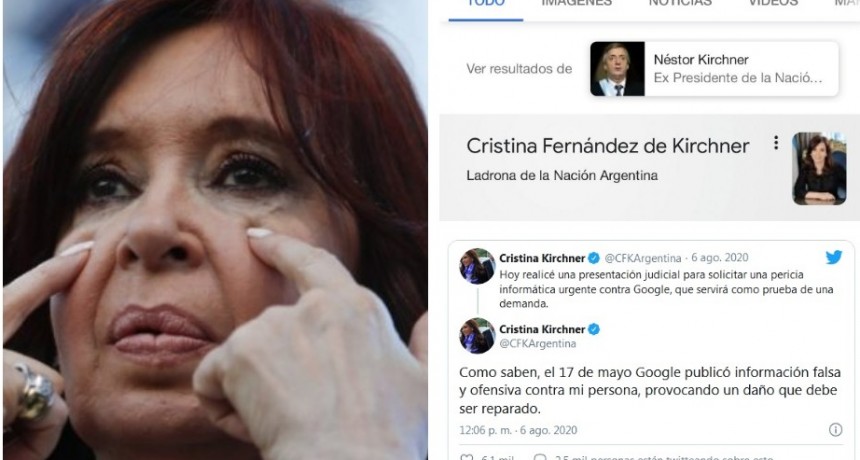  Cristina Kirchner, tras demandar a Google:  Lo de ladrona de la Nación es un daño incalculable