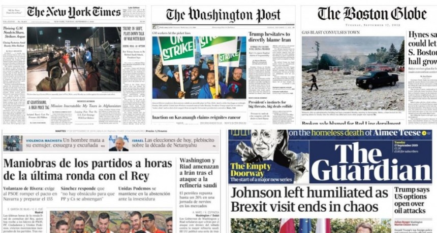 Crece la tensión en el Golfo tras el ataque a la refinería de Arabia, en las tapas de los diarios del mundo