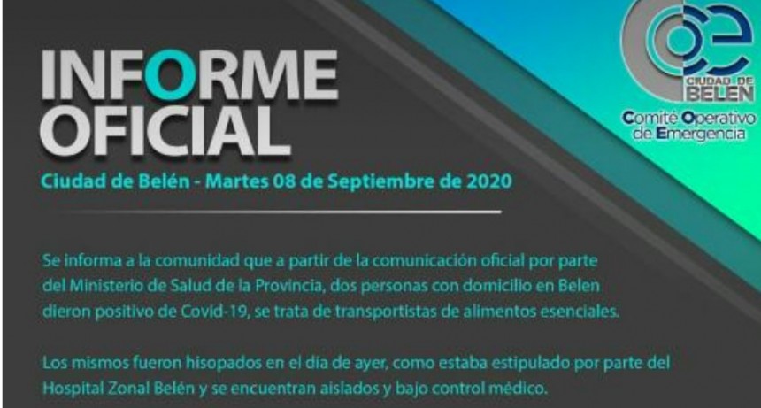 El COE Belén informó de dos nuevos casos positivos