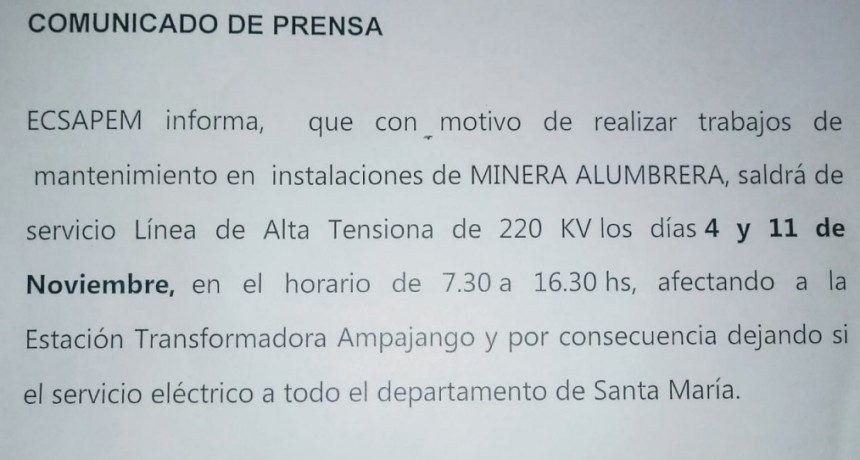 Santa Mar&iacute;a sin energ&iacute;a el&eacute;ctrica 4 y 11 de Noviembre