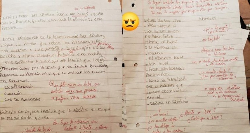Polémica por las correcciones de un profesor a un trabajo práctico sobre el aborto