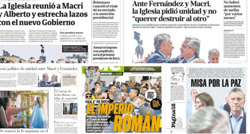 El abrazo entre Alberto Fernández y Macri en la misa antigrieta, en las tapas de los diarios argentinos